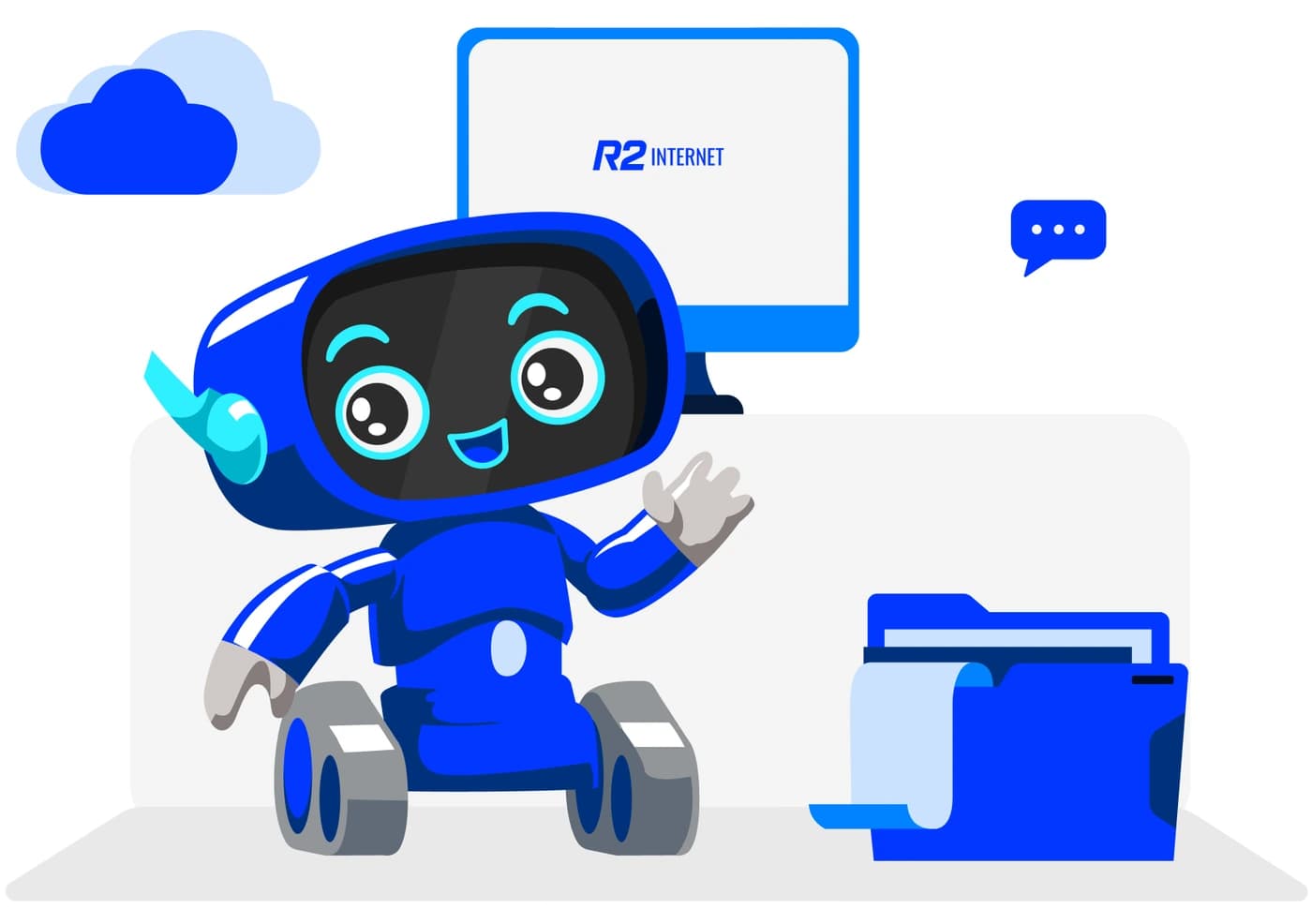 Mascote robô azul da R2 Empresas ao lado de um monitor, uma nuvem e uma pasta de arquivos